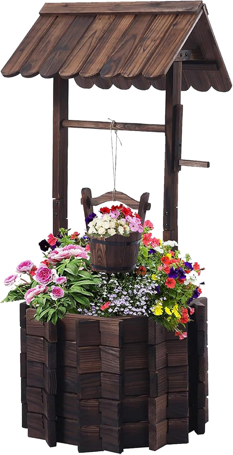 NestNature 25.56' Carbonized Wooden Wishing Well Planter for Outside, Rustic Outdoor Wishing Well with 4 Reinforced Rods & Hanging Bucket, Decorative Well Cover for Yard Garden Patio Lawn Backyard