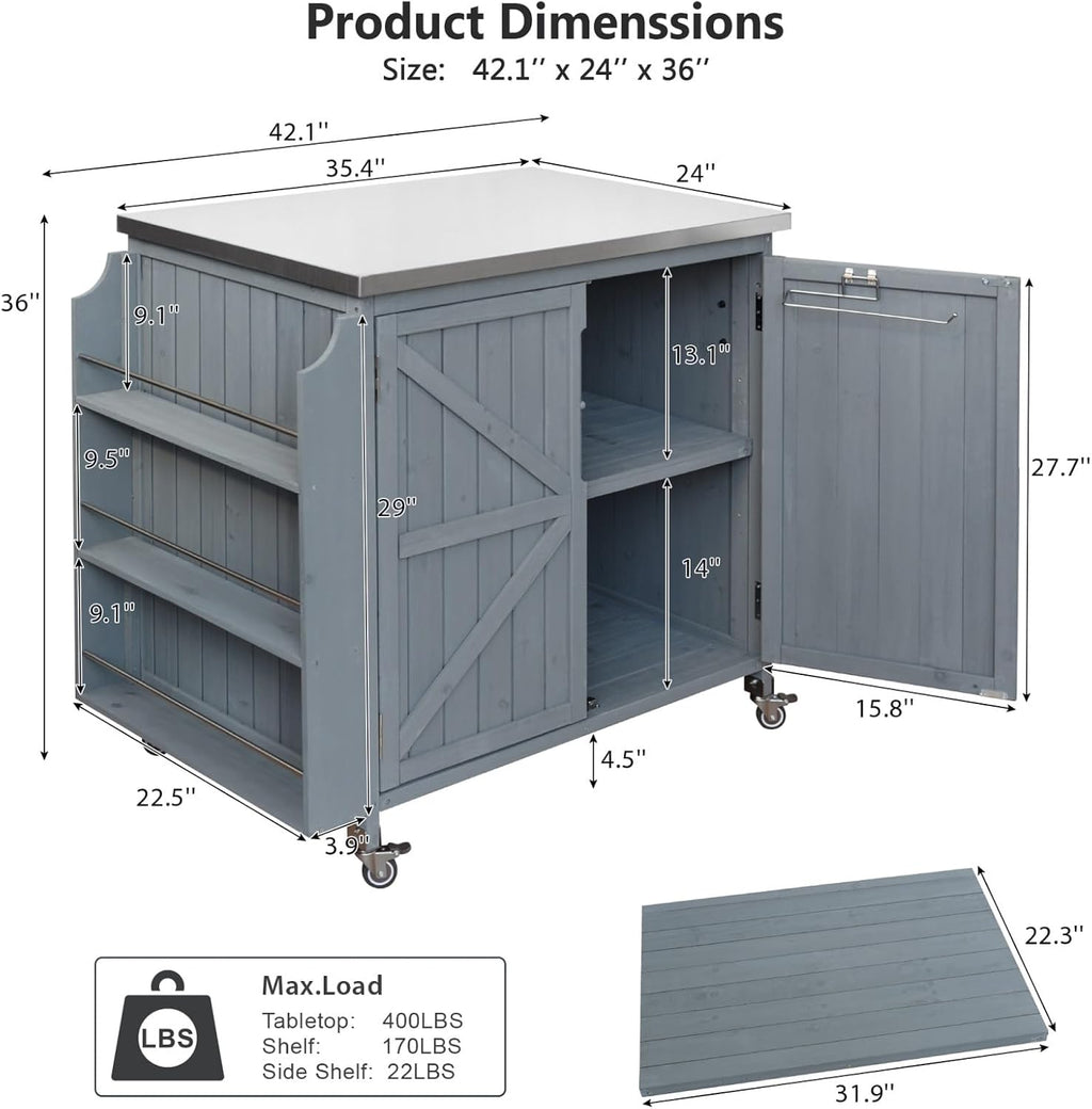 42.1' Outdoor Grill Cart with Storage, Small Kitchen Island with Stainless Steel Top, Side Shelf & Adjustable Shelf, Mobile Bar Cart with Storage and Locking Wheels (Grey+Blue)