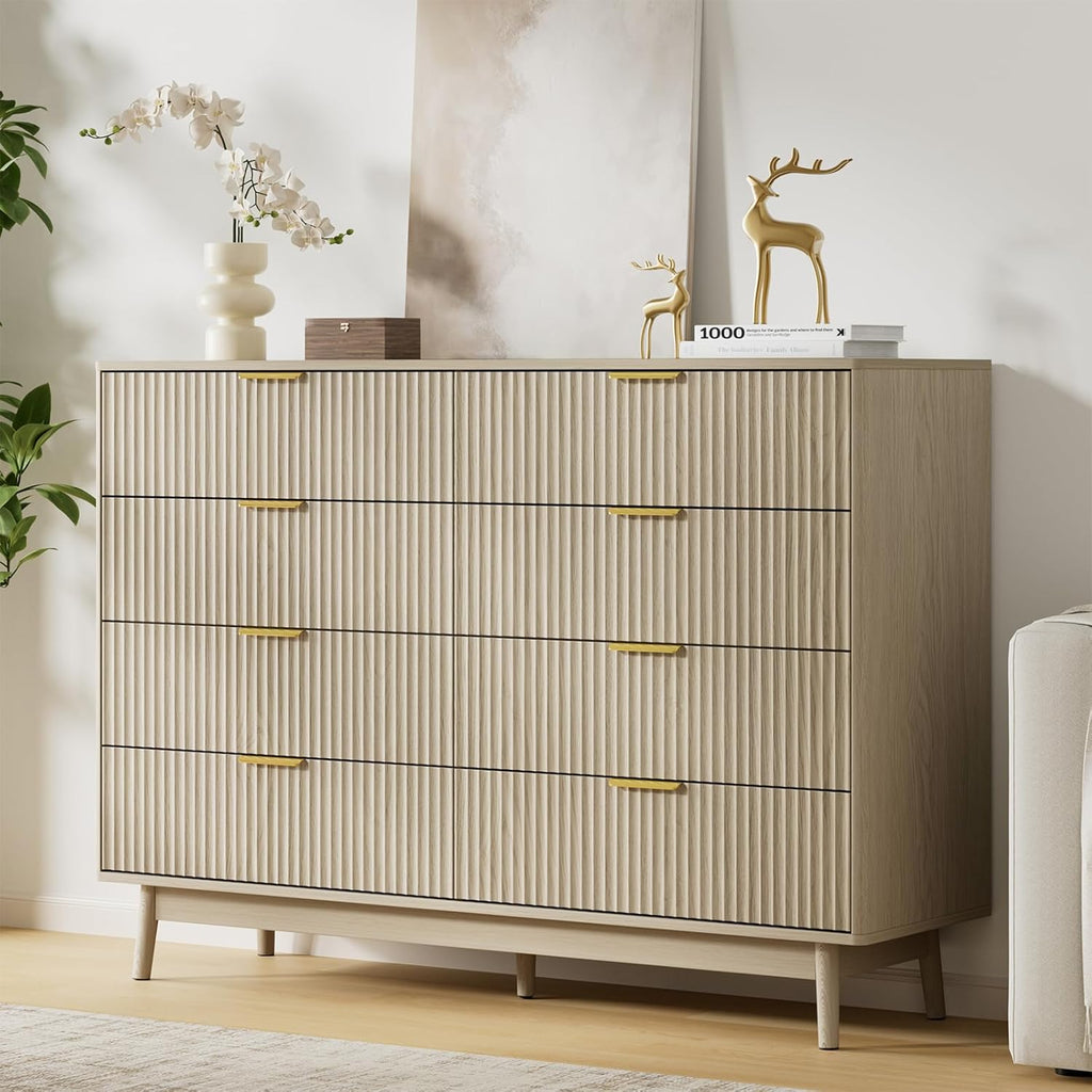 LYNSOM Fluted 8 Drawer Dresser for Bedroom, 55' Wide Modern Chest of Drawers with Curved Profile Design and Metal Handles, Wood Dresser TV Stand & Storage Organizer for Bedroom, Hallway, Beige