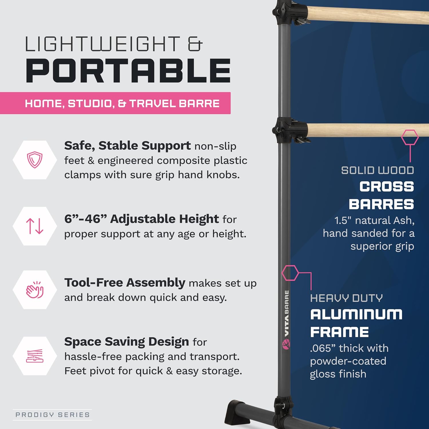 VITA Barre Portable Freestanding Double Ballet Barre, Prodigy, Wood | Adjustable Height, USA Made, Home or Gym Exercise Equipment for Kids & Adults | Dance, Fitness, Pilates