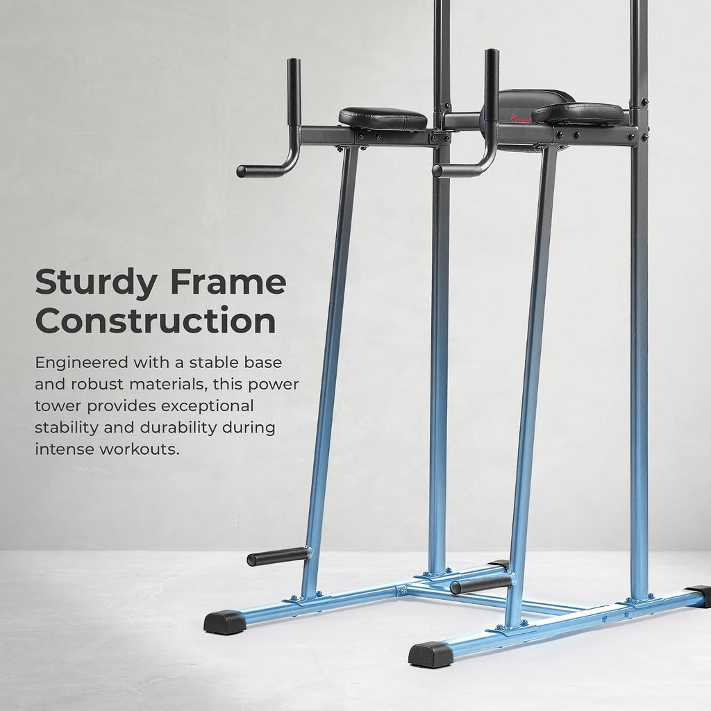 Sunny Health & Fitness Power Tower Dip Station & Pull-Up Bar, Multi-Function Strength Training Equipment with Captain's Chair, Push-Up Bars & Core Workout for Home Gym