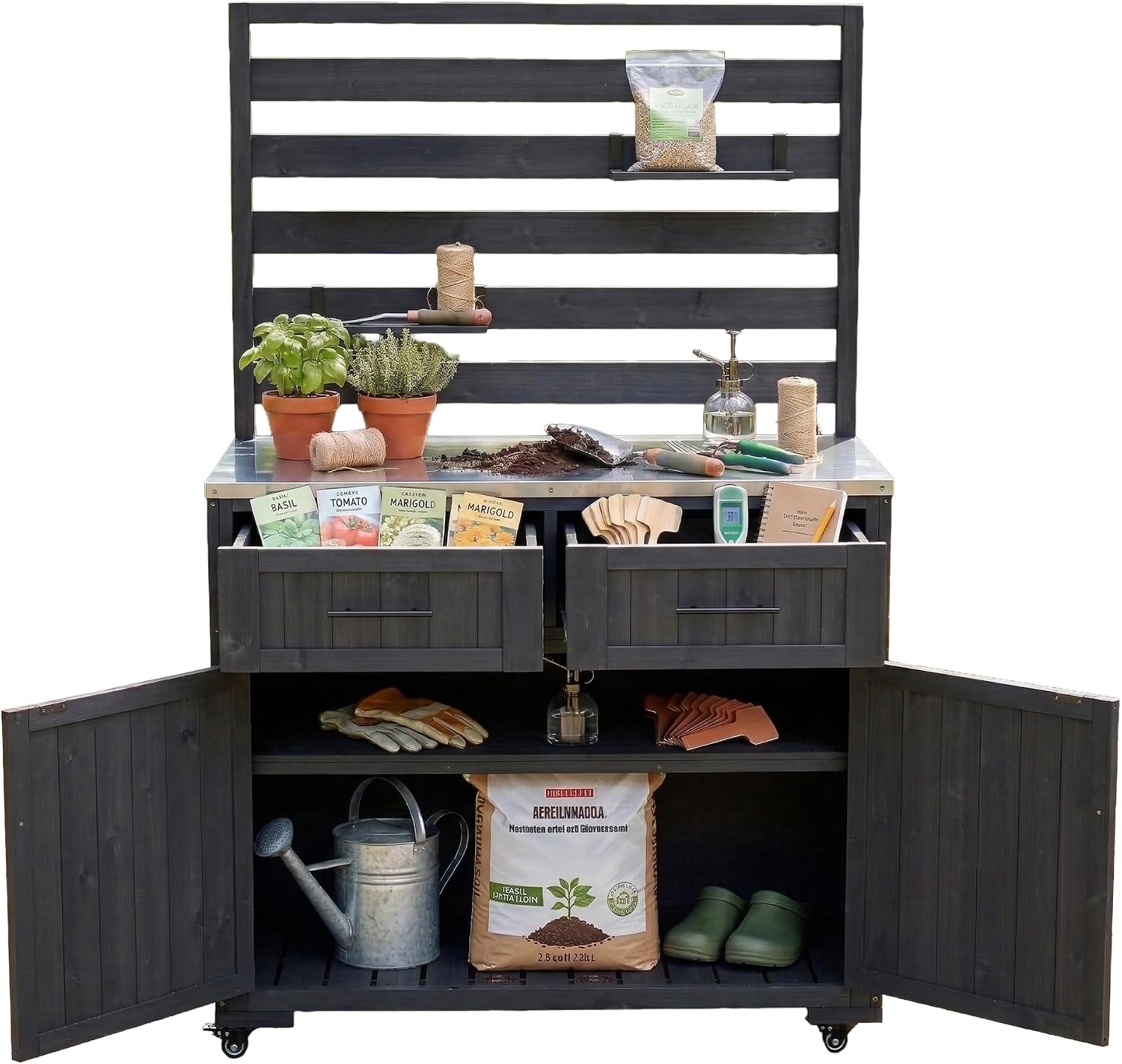 Merax 41.7'' W Patio Kitchen Island Solid Wood Kitchen Cart, Grill Prep BBQ Table, Garden Potting Bench with Stainless Table Top, 3 Movable Shelves and 2 Drawers,Black