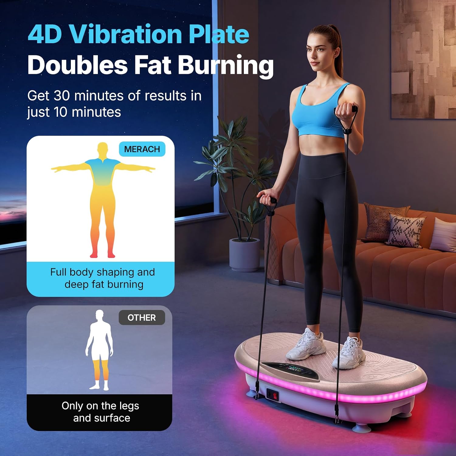 MERACH Vibration Plate Exercise Machine, 4D Whole Body Workout Vibrating Platform for Lymphatic Drainage Weight Loss Muscle Activation, Home Fitness Equipment with Bluetooth Light Pull Cord