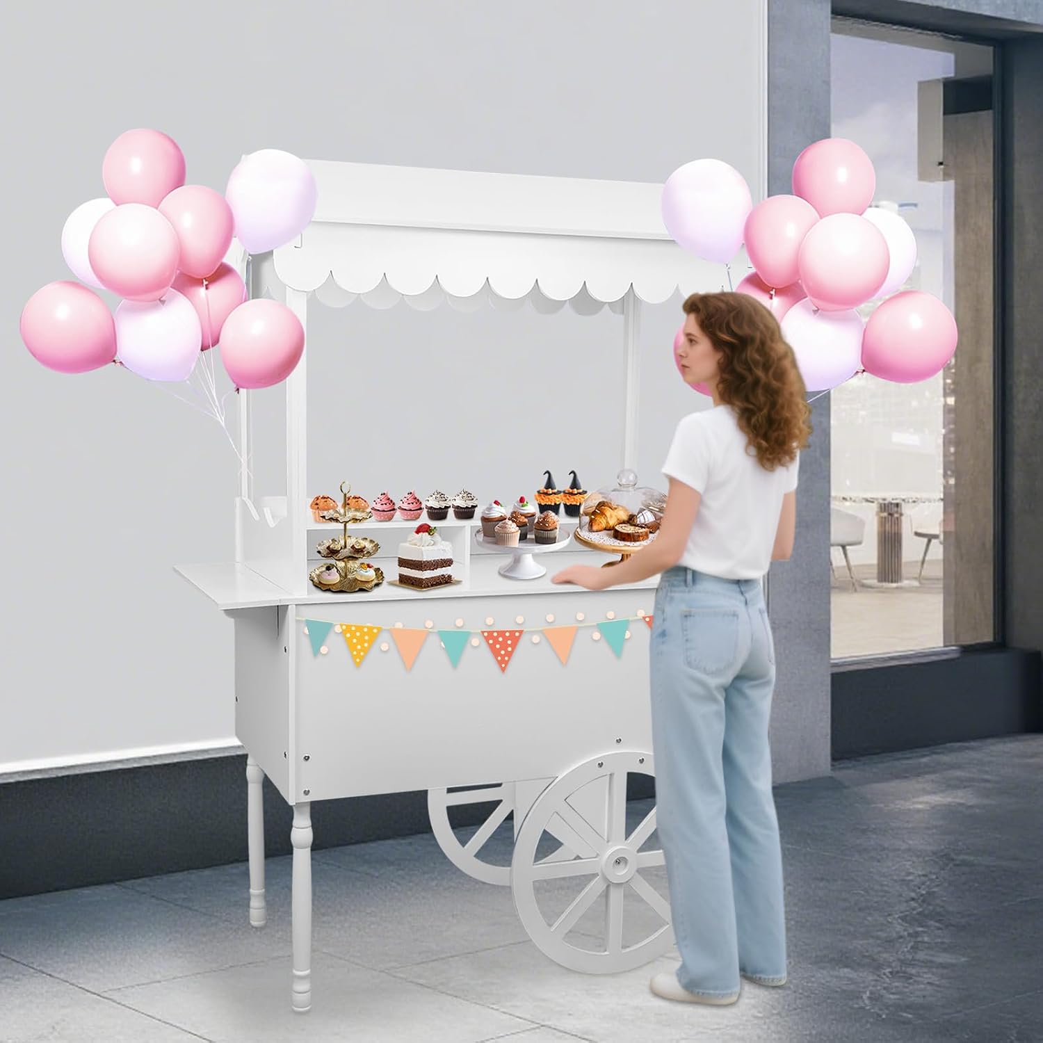 Large Country Market Wooden Rolling Table Cart, Antique Solid Wood Decor Display Rack Cart with Wheels, Rolling Table Carts for Display Various Flowers and Candy (White-1)