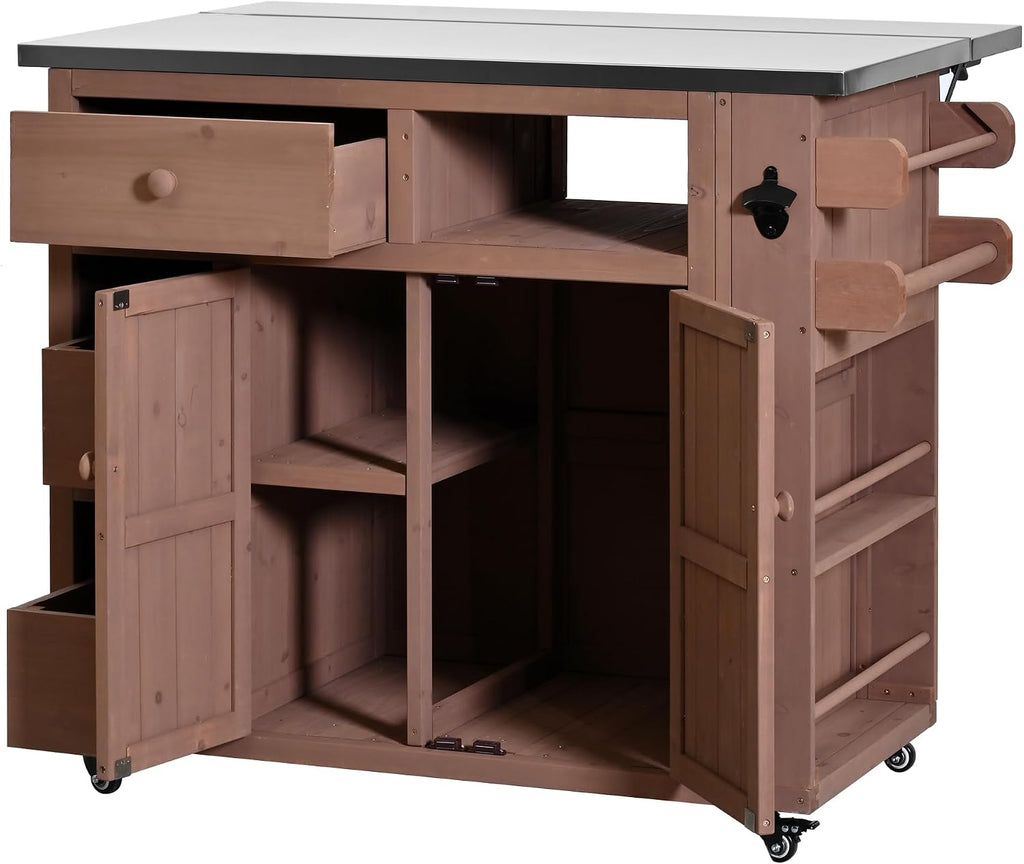 Roomfitters Outdoor Grill Cart and BBQ Prep Station, Stainless Steel Top, Rolling Kitchen Island Potting Bench, Brown