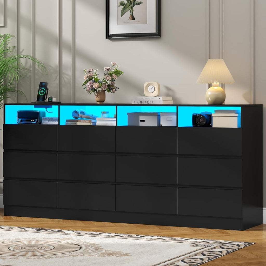Loomie 12-Cell Divided Drawers Black Dresser with Charging Station & Led Lights for Bedroom, Long 63' Wide Dresser TV Stand for TVs up to 75', Large Dressers Organizer with 4 Open Cubbies