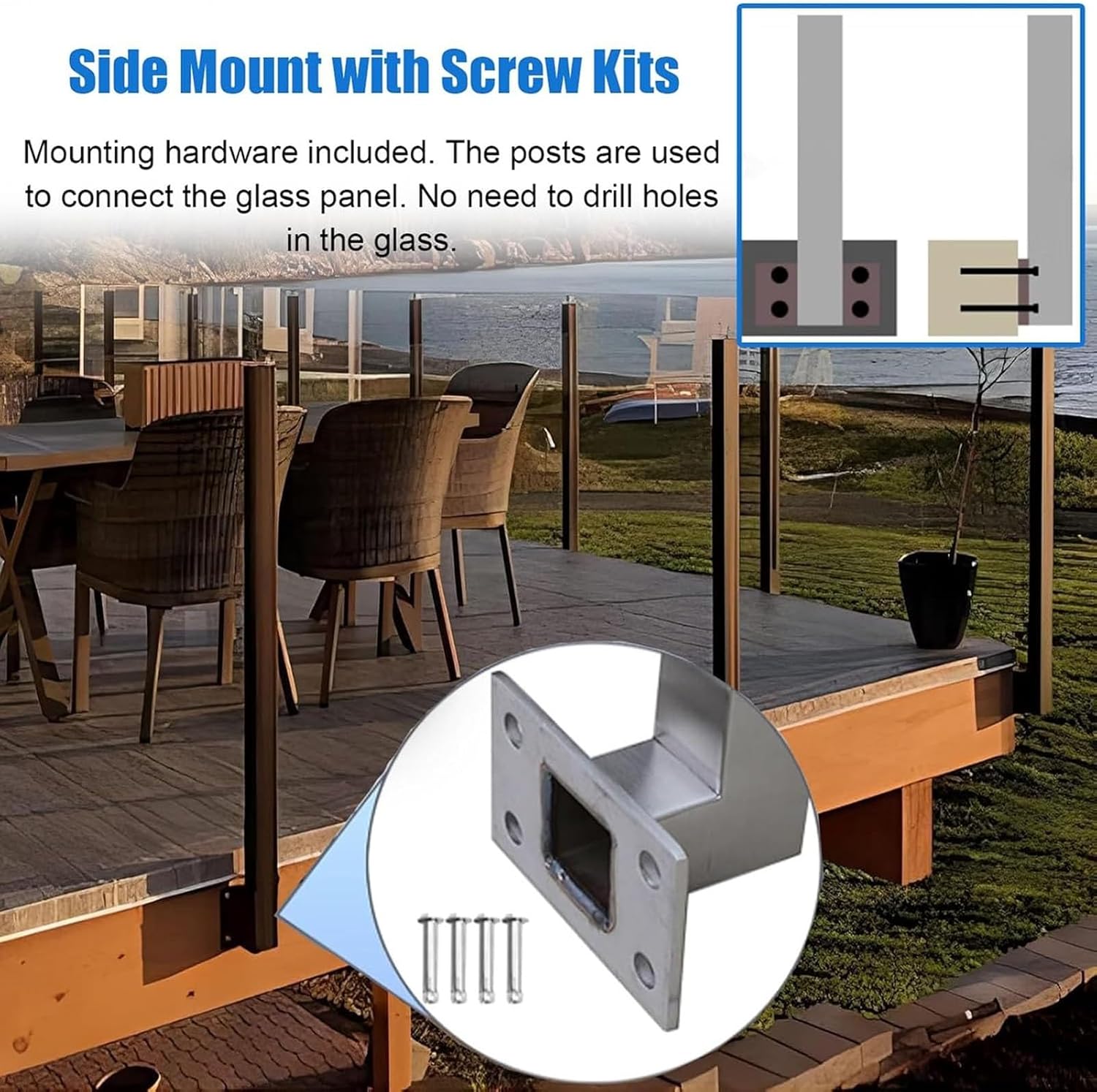 Custom Heights Wall Side Mount Black Glass Railing Post Side Mount, Outdoor Pool Fence Panels Baluster Post, Deck Railing System with Complete Kit for Exterior Steps Villas Balcony/ Stairway(Right End