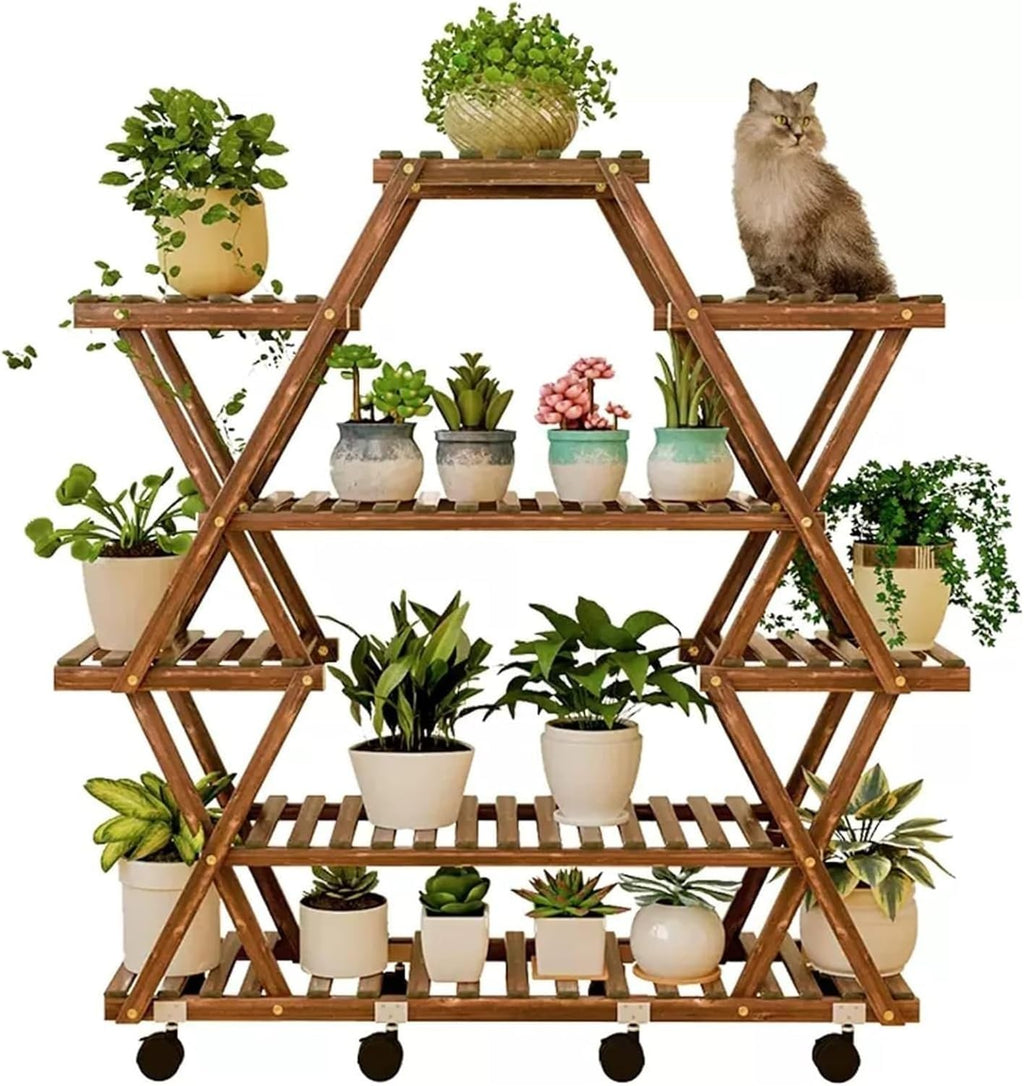 Potting Bench Table,Garden Potting Table, Plant Stand Outdoor Tiered Tall Plant Shelf Multiple Display Storage Shelves for Balcony Window Garden Living Room Patio Triangle Plant Stands, Brown