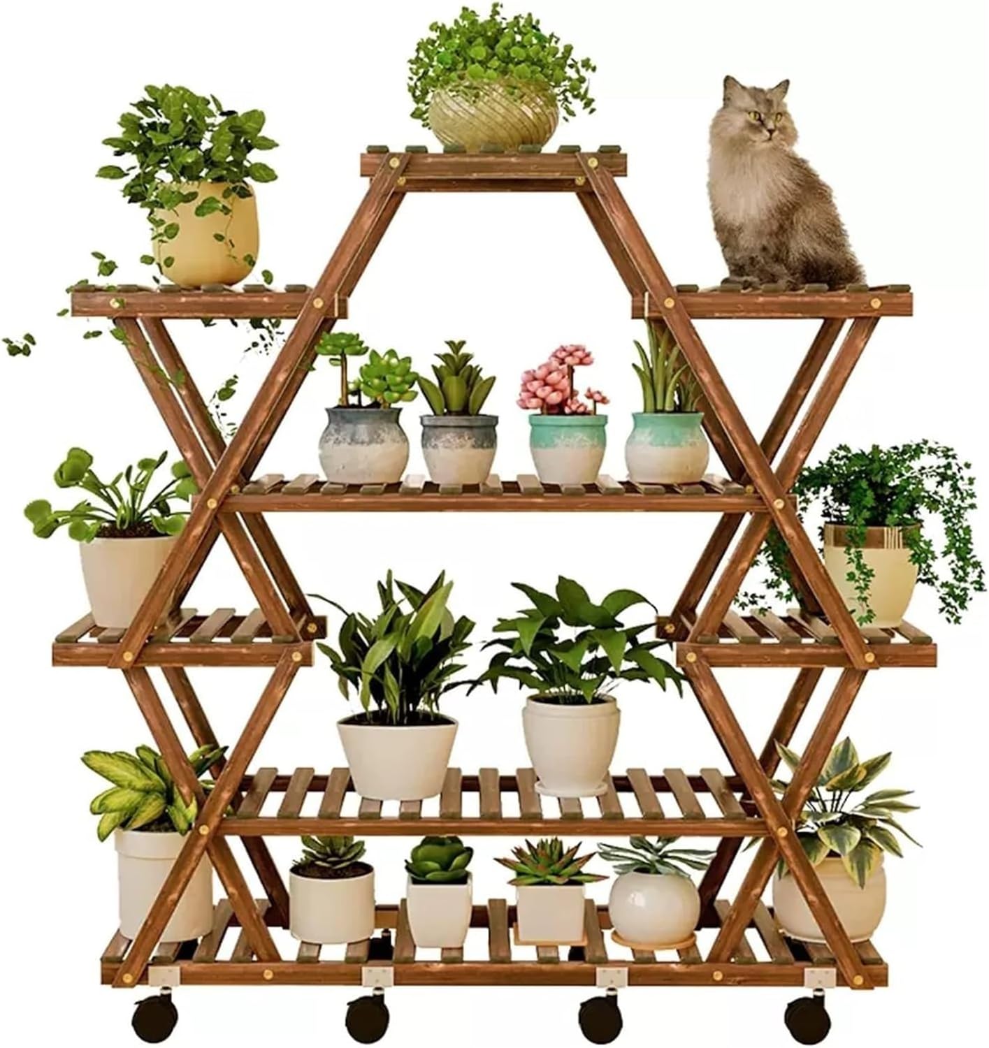 Potting Bench Table,Garden Potting Table, Plant Stand Outdoor Tiered Tall Plant Shelf Multiple Display Storage Shelves for Balcony Window Garden Living Room Patio Triangle Plant Stands, Brown