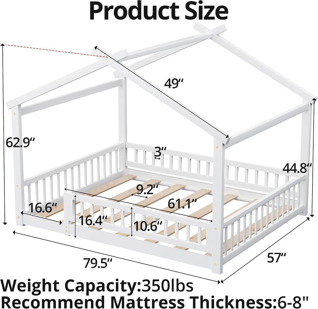 LLS Full Size House Bed with Fence, Wooden Montessori Bed with Slats Support, Floor Bed Frame for Boys Girls Bedroom, White