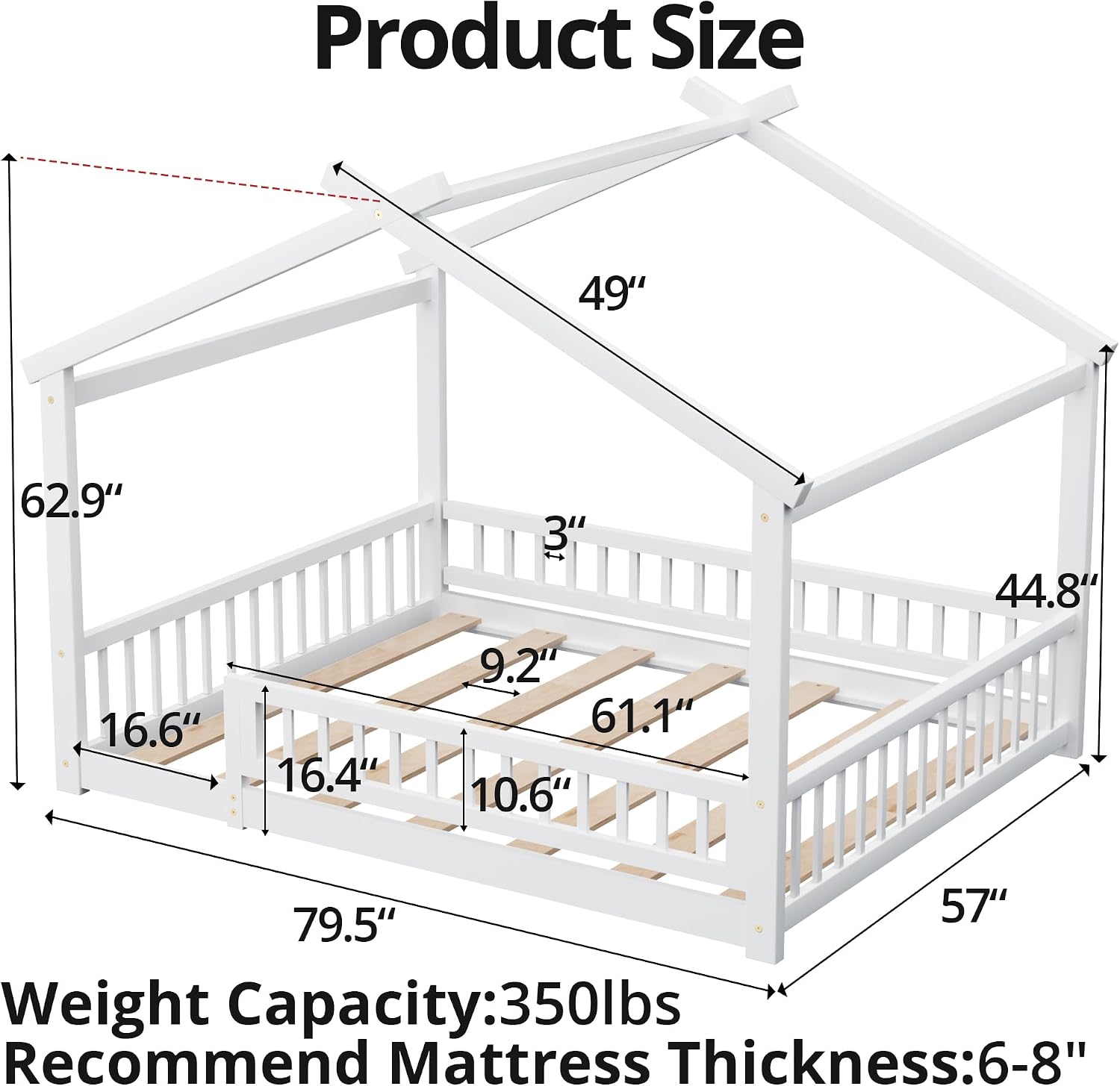 LLS Full Size House Bed with Fence, Wooden Montessori Bed with Slats Support, Floor Bed Frame for Boys Girls Bedroom, White