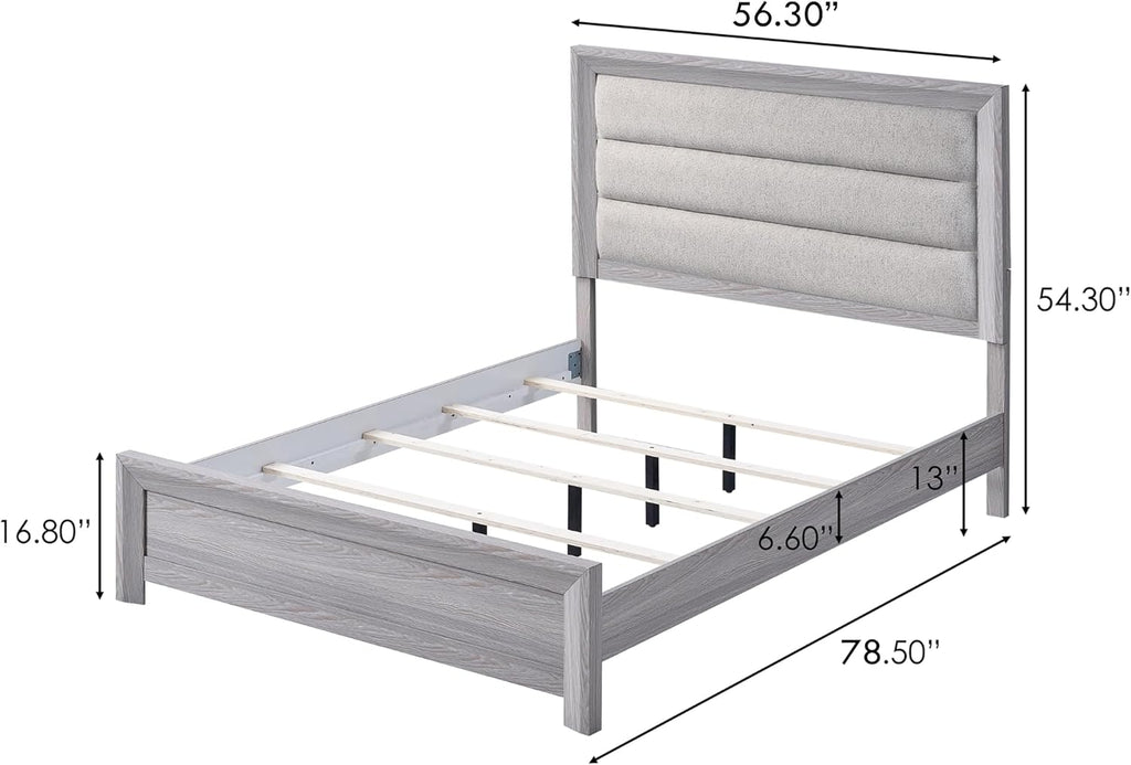 Drift Wood Grey Finish Full Size Upholstered Channel Tufted Panel 4pc Bed Set Wooden Bedroom Furniture Contemporary
