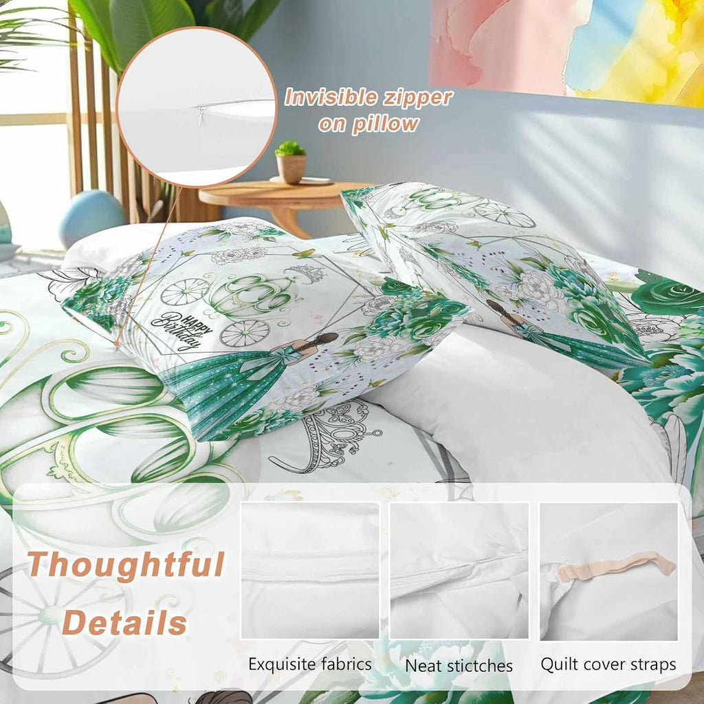 Happy Birthday Duvet Cover Set, Green Dress Crown Carriage Flowers Butterfly Soft Duvet Cover Full Size Bedding Set 4 Pieces, 1 Quiltcover and 2 Pillowcases with Zipper, 1 Bed Sheet for All Seasons