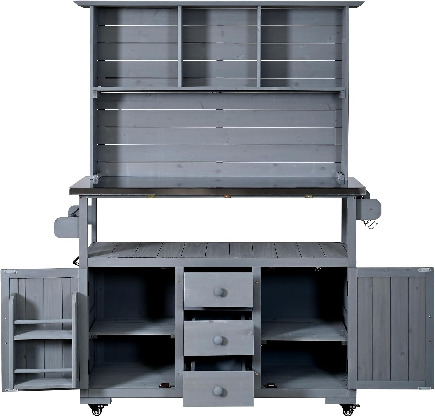 Roomfitters 65' Garden Potting Bench with Stainless Steel Top, Outdoor Prep Station and BBQ Grill Cart with Hutch, Gray