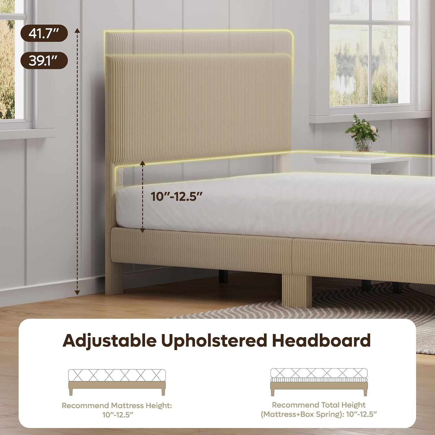 Bestier Full Size Bed Frame with Adjustable Headboard,LED Lighting,Vertical Channel Tufted Corduroy Upholstered, Solid Wooden Slats Support,No Box Spring Needed,Never Squeaks,Easy Assembly, Taupe