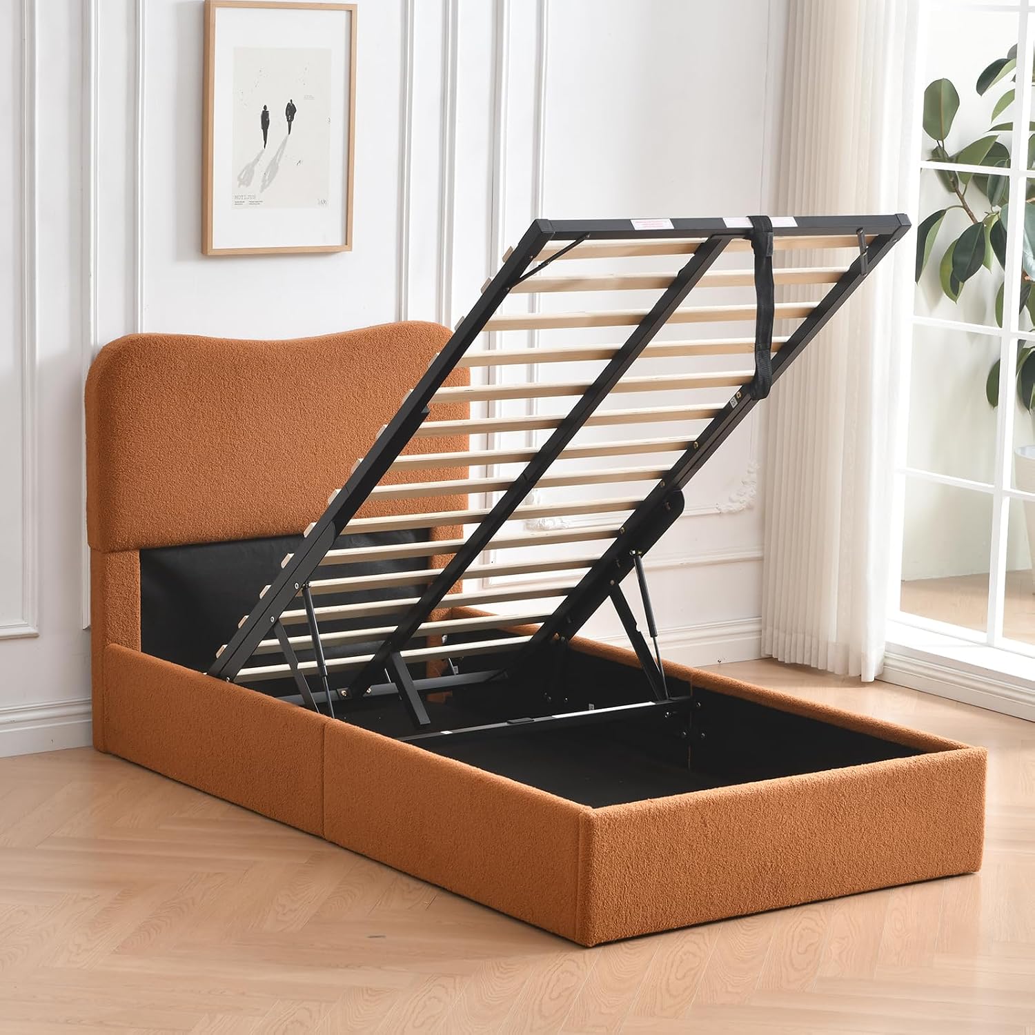 VELOCAVA Twin Size Lift-Up Storage Bed, Modern Upholstered Boucle Bed with Curved Headboard, Gas Lift Platform, Sturdy Wooden Slat Support, No Box Spring Needed, Easy Assembly, Rust Brown