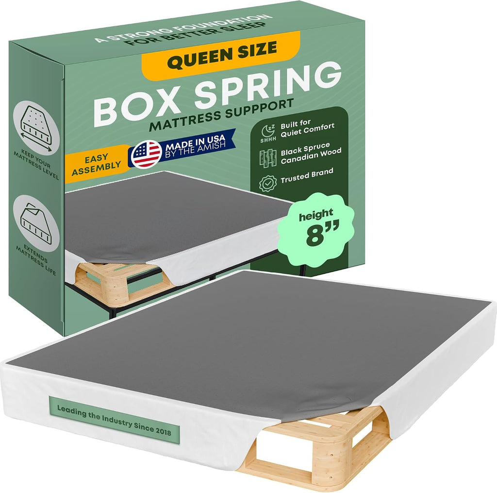 Greaton, 8' Queen Box Spring for Queen Bed – Amish-Made in the USA – Solid Wood Box Spring Mattress Foundation with Stable & Quiet Support – Flat-Packed & Easy Assembly – White