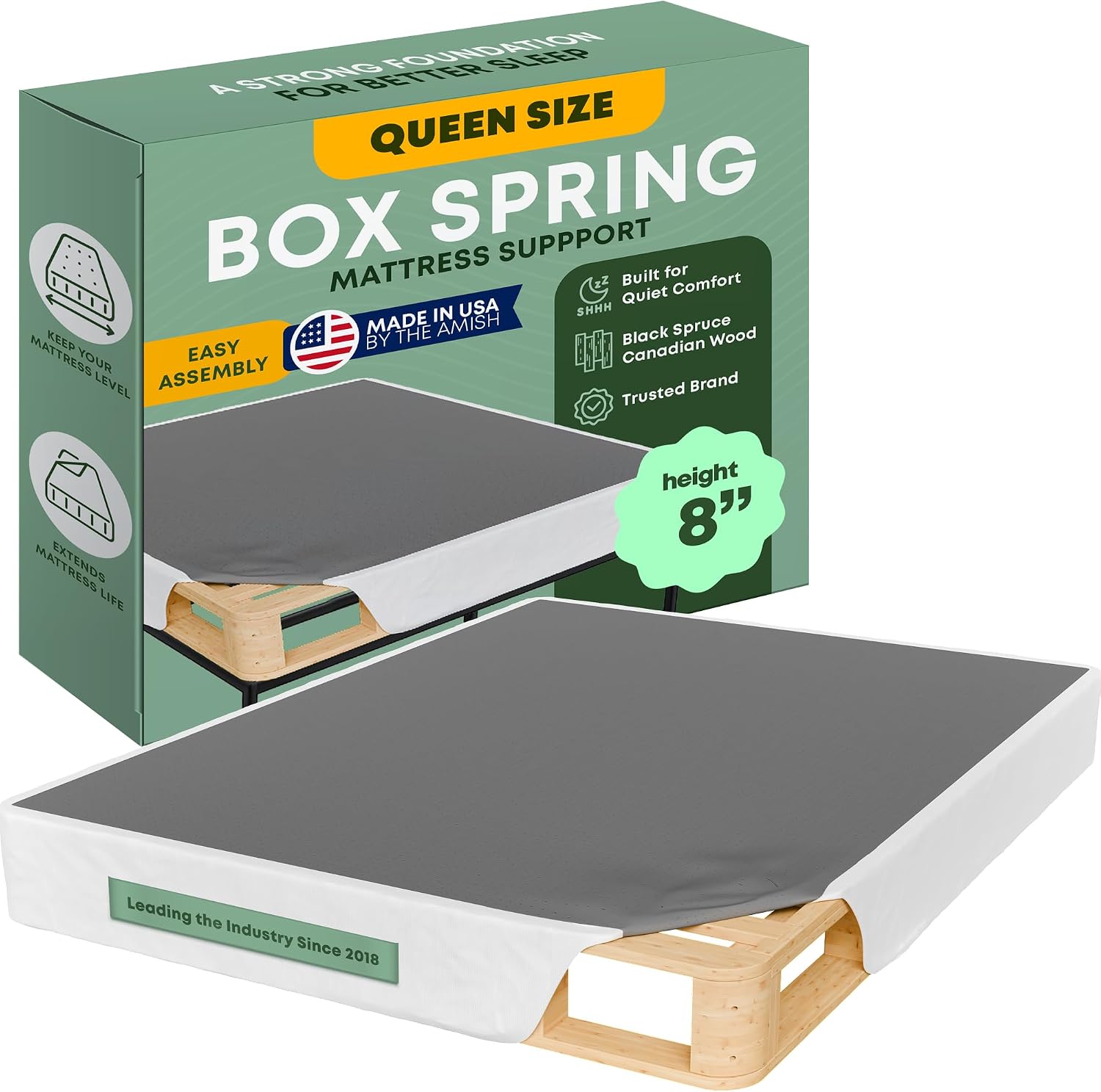 Greaton, 8' Queen Box Spring for Queen Bed – Amish-Made in the USA – Solid Wood Box Spring Mattress Foundation with Stable & Quiet Support – Flat-Packed & Easy Assembly – White