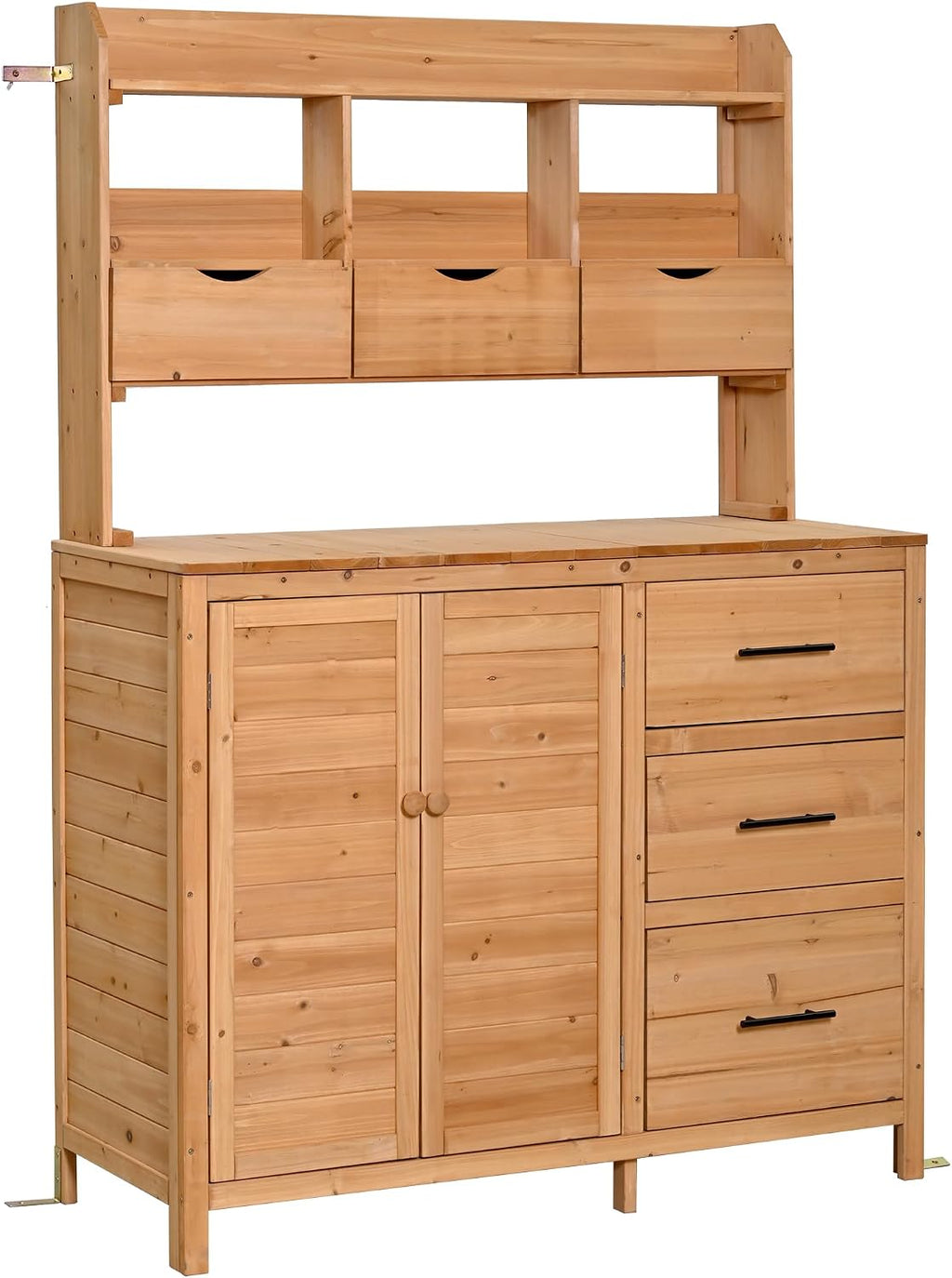 Farmhouse Patio Potting Bench,Large Freestanding Garden Workstation with 6 Drawers, Bottom Storage and Side Hook,Outdoor Kitchen Island (Natural-s-)