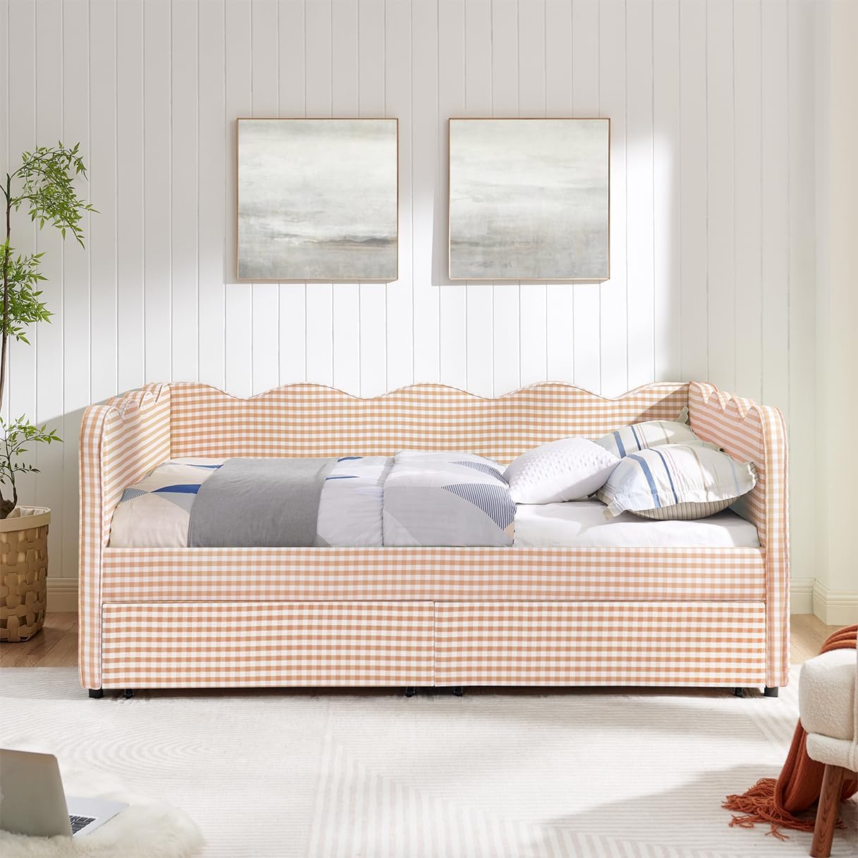 DEINPPA Full Size Upholstered Daybed with 2 Storage Drawers, Gingham Daybed with USB Ports for Bedroom Living Room Guest Room-Pink