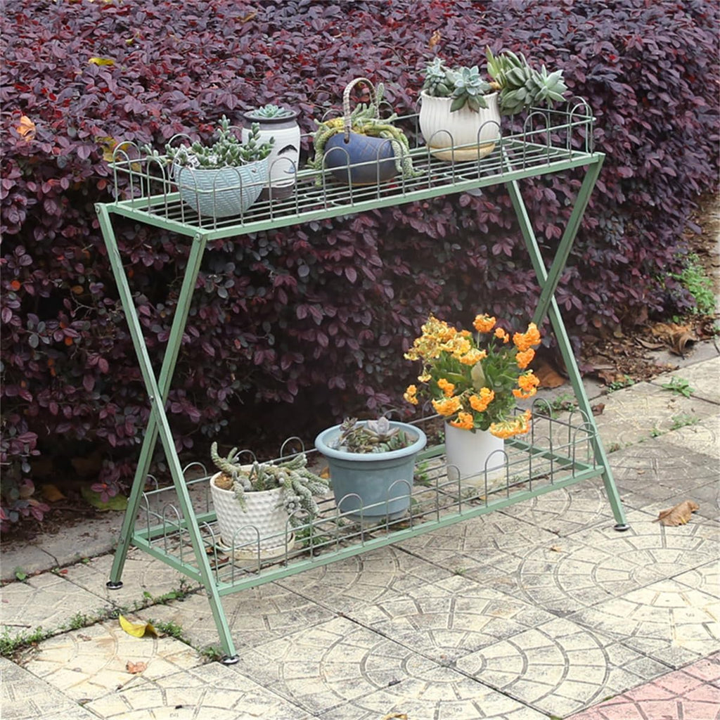Garden Plant Stand,Outdoor Potting Bench Table,Old Balcony Iron Flower Stand with Fence,2 Tier Metal Waterproof Plant Shelf,for Living Room Patio Home Decor,Green