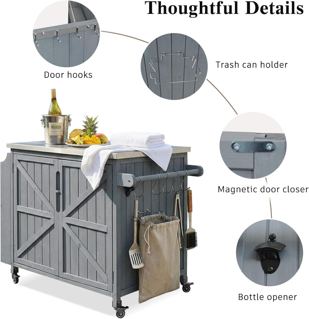 42.1' Outdoor Grill Cart with Storage, Small Kitchen Island with Stainless Steel Top, Side Shelf & Adjustable Shelf, Mobile Bar Cart with Storage and Locking Wheels (Grey+Blue)