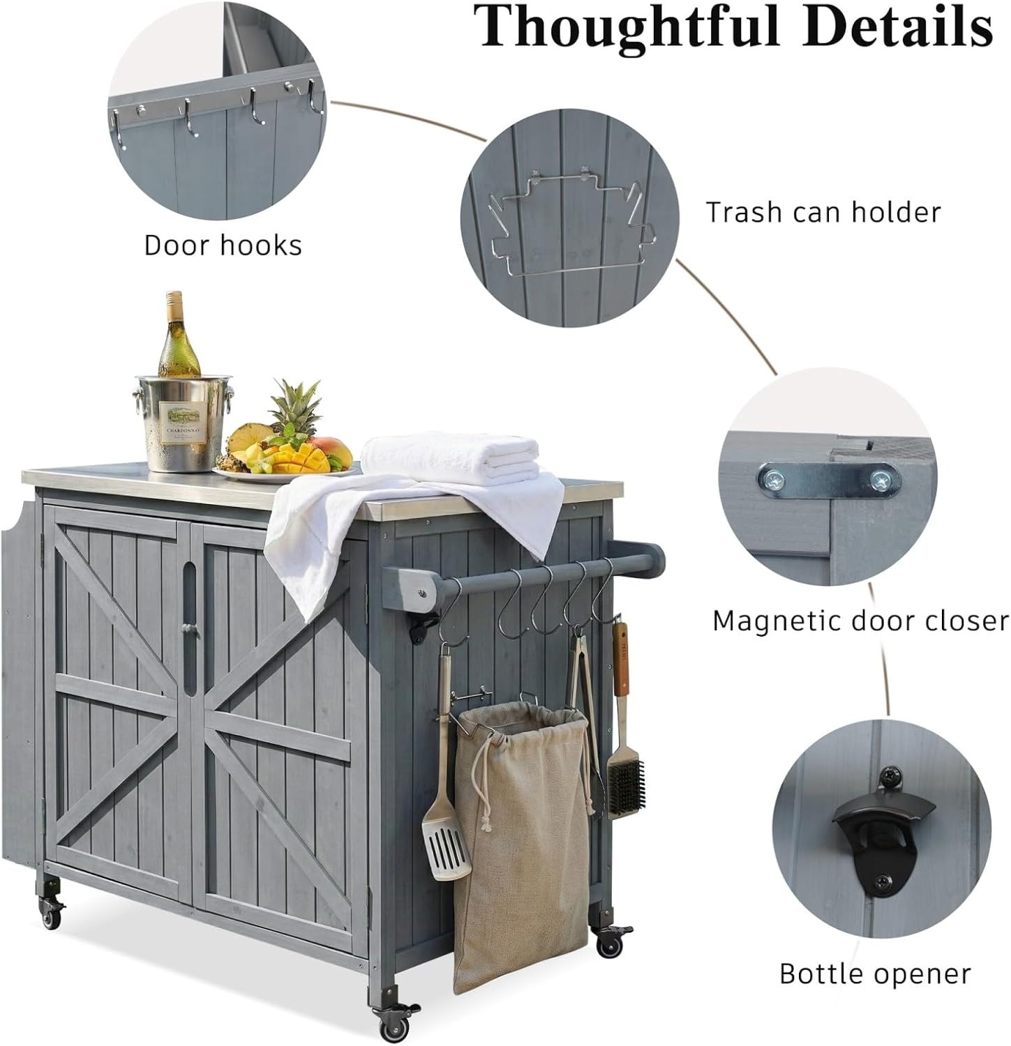 42.1' Outdoor Grill Cart with Storage, Small Kitchen Island with Stainless Steel Top, Side Shelf & Adjustable Shelf, Mobile Bar Cart with Storage and Locking Wheels (Grey+Blue)