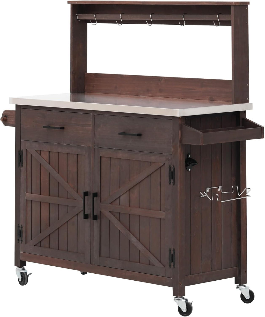 54.1' Outdoor Kitchen Island with High Shelf – Large Potting Bench Table Featuring Stainless Steel Top, Solid Wood Grill Cart, Lockable Wheels & Smart Storage for BBQ, Garden(Brown)