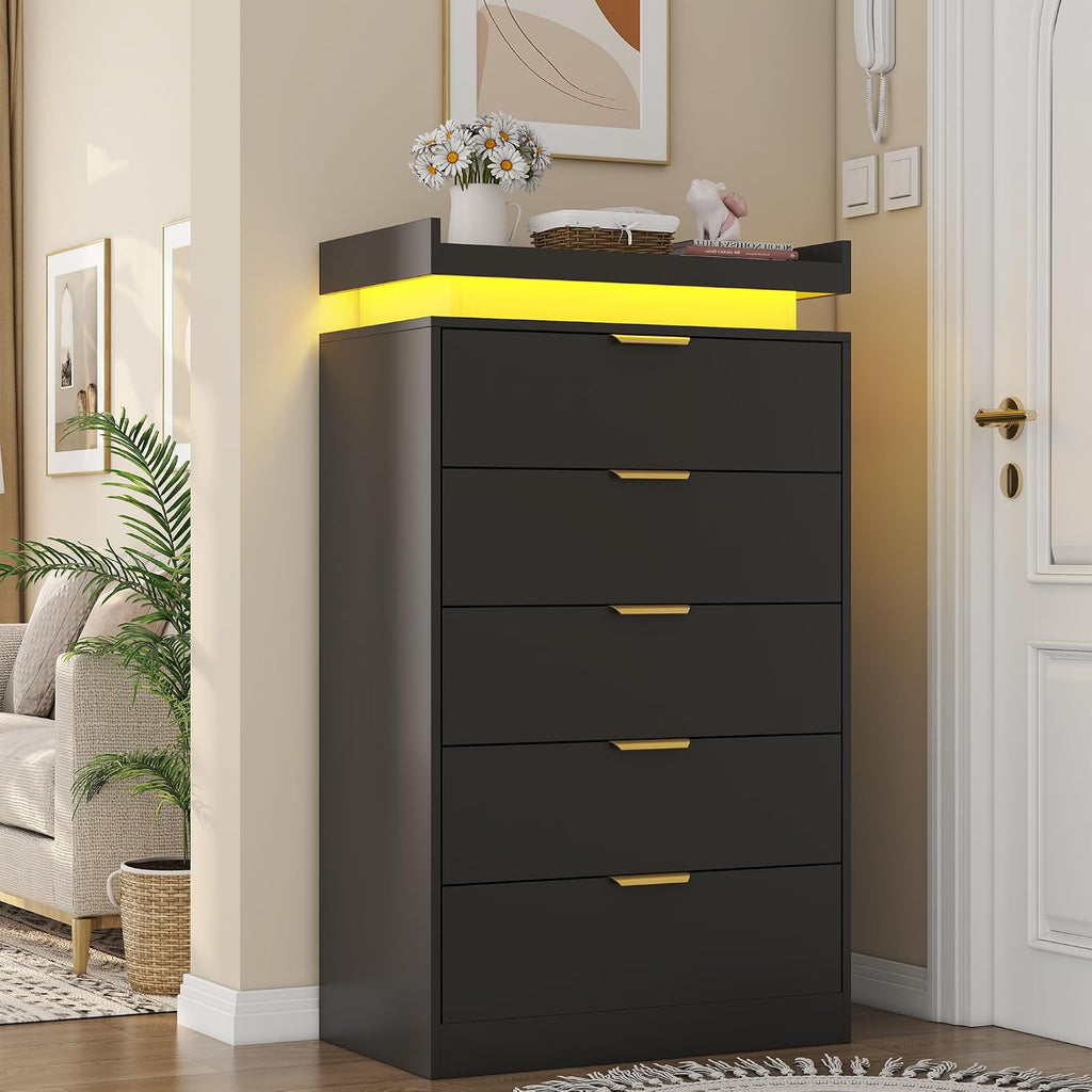UNIQUITE Tall Dresser for Bedroom, Black Dresser with LED Lights, Wood 5 Drawer Chest with Power Outlet, Modern Tall Chest of Drawers for Bedroom, Entryway, Hallway