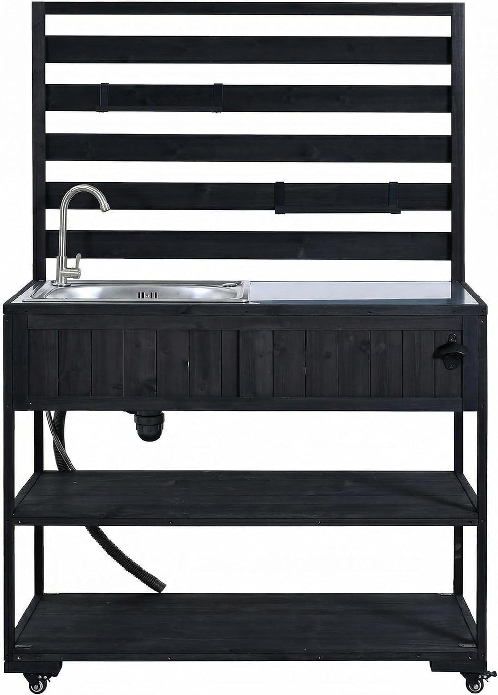 Outdoor Grill Table with Stainless Steel Sink, Outdoor Sink Station, 41.7' Rolling Kitchen Island Cart, Solid Wood Potting Table, 2 Shelves (Black)