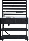 Outdoor Grill Table with Stainless Steel Sink, Outdoor Sink Station, 41.7' Rolling Kitchen Island Cart, Solid Wood Potting Table, 2 Shelves (Black)