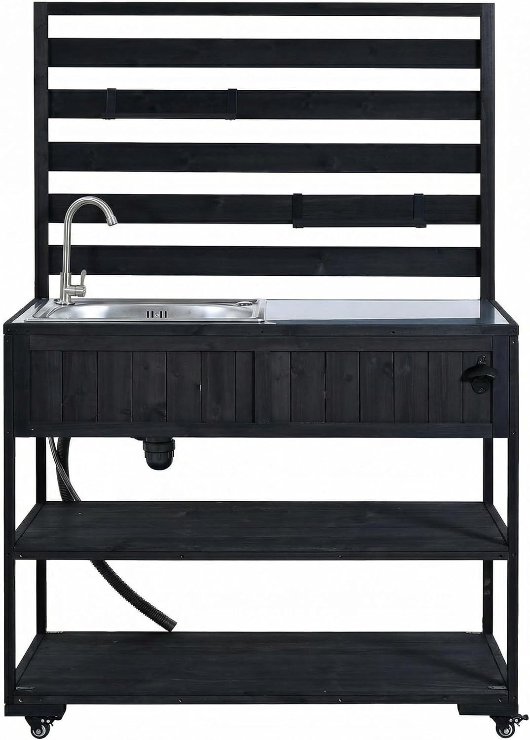Outdoor Grill Table with Stainless Steel Sink, Outdoor Sink Station, 41.7' Rolling Kitchen Island Cart, Solid Wood Potting Table, 2 Shelves (Black)