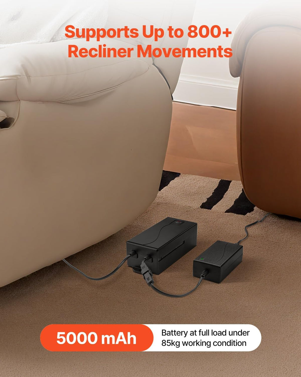 VEVOR 5000 mAh Battery Pack for Reclining Furniture with Adapter, Rechargeable Recliner Battery Kit with Universal 2-Pin Connector and LED Screen, for Recliner, Sectional, Couch, Sofa & Lift Chair