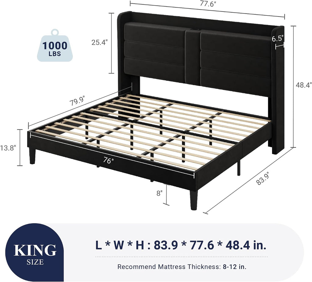Allewie King Size Platform Bed Frame with Charging Station & Storage Headboard, Upholstered Velvet Wingback Design & USB Port, Strong Wooden Slats Support, No Box Spring Needed, Easy Assembly, Black