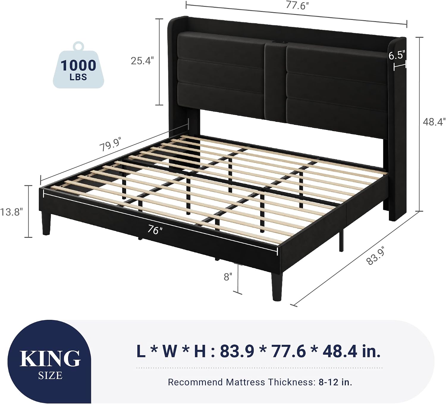 Allewie King Size Platform Bed Frame with Charging Station & Storage Headboard, Upholstered Velvet Wingback Design & USB Port, Strong Wooden Slats Support, No Box Spring Needed, Easy Assembly, Black