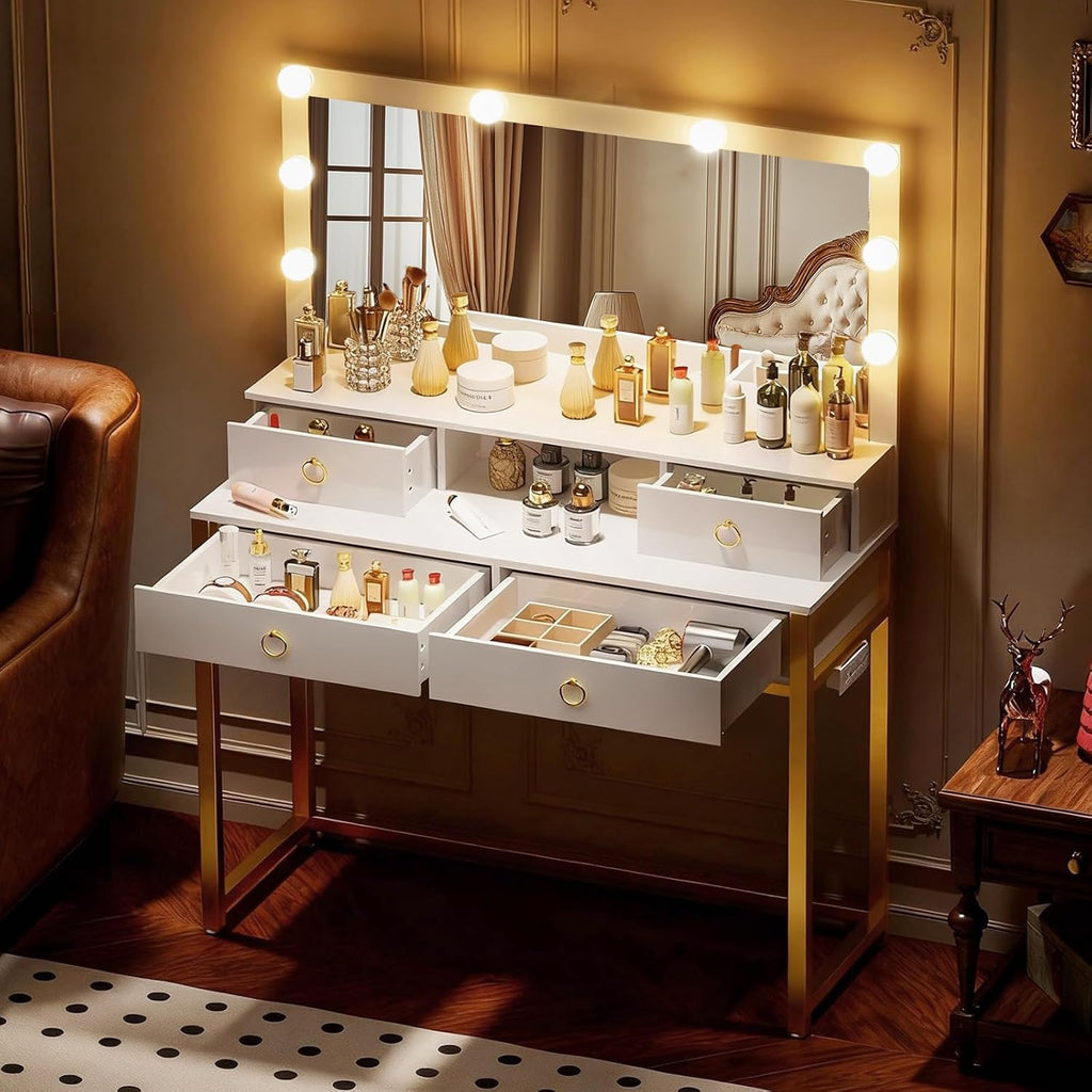 COMHOMA Makeup Vanity Desk with Mirror and Lights, Vanity Table and Chair Set with 4 Drawers and Charging Station, Bedroom Dresser Mirror& Adjustable 3 Color Modes, Storage Shelf, 32In White and Gold