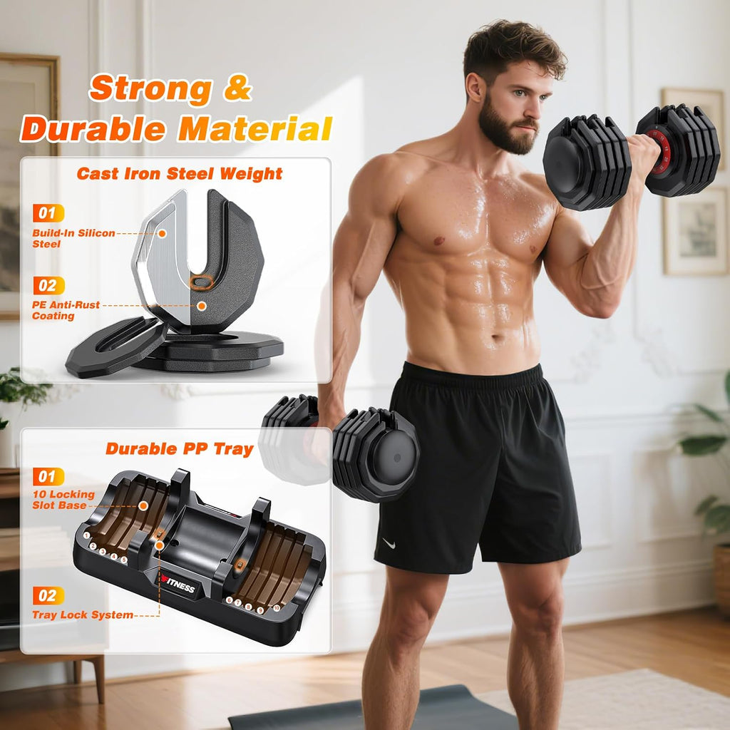 XDDIAS Adjustable Dumbbells Set of 2 for Strength Training, One-Hand Quick Adjust, 25/55/80/90 lbs Options, Anti-Slip Grip Handle, Compact Home Gym Weights for Men Women