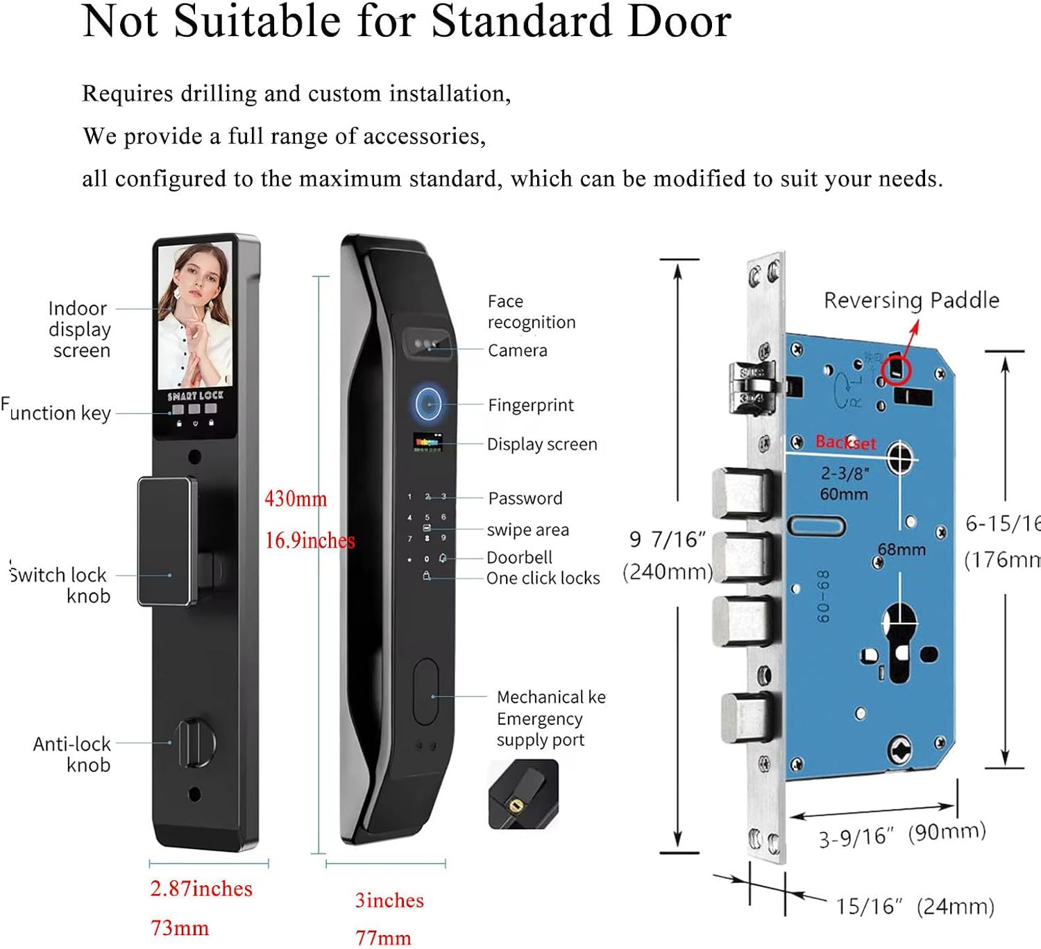 HIFAM 3D Face Recognition Smart Door Lock, Video Smart Lock with Camera,Video Doorbell,APP Control,Security WiFi Fingerprint Smart Mortise Lock Kit with Cylinder Deadbolt