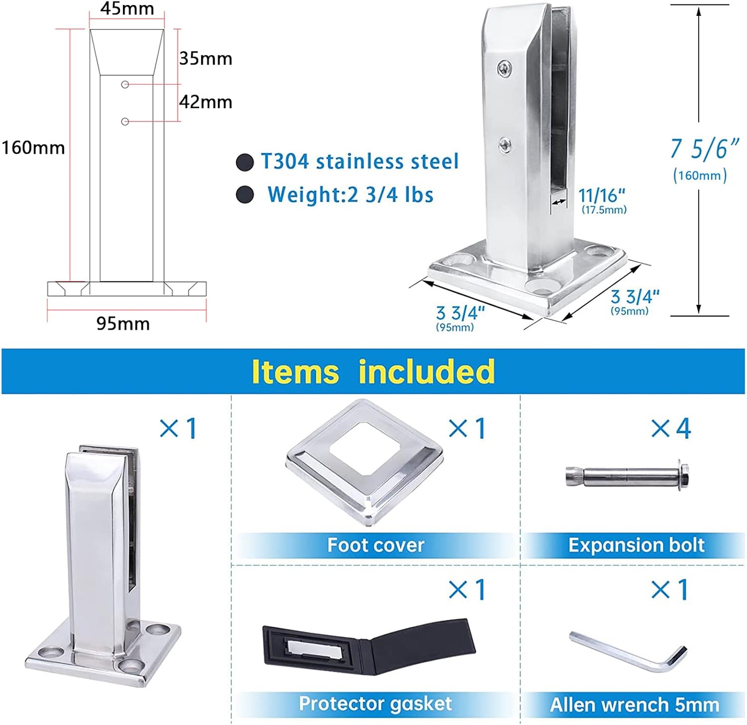14pack Glass Clamp Glass Standoff Rectangle 304 Stainless Spigot Glass Clamp, 10-14mm Floor Glass Mounting Brackets Post Balustrade Stairs Railing Pool Balcony Fence Bracket
