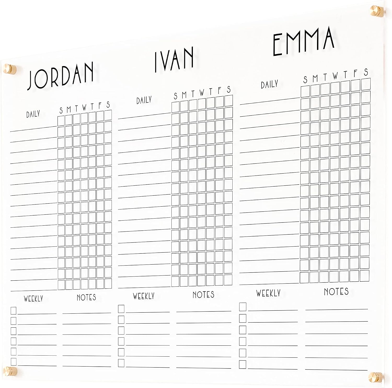Horizontal Three-Child Clear Acrylic Chore Chart with Custom Sections (38'W x 26'H, Champagne Gold Standoffs)