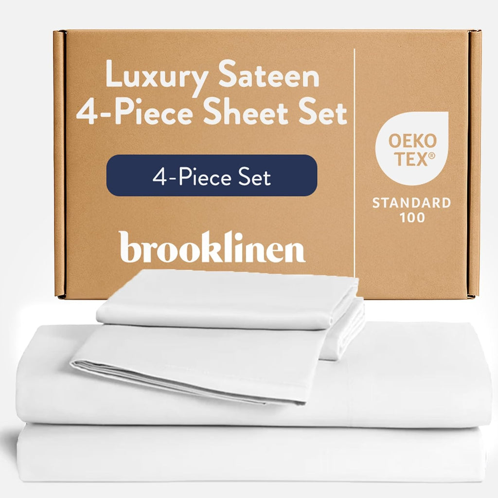 Brooklinen Luxury Sateen 4 Piece Sheet Set - 100% Cotton Bed Sheets, Soft & Durable for Twin Sheets Set in White, Oeko-TEX Certified Bedding Set, 1 Fitted Sheet, 1 Flat Sheet, 2 Pillowcases