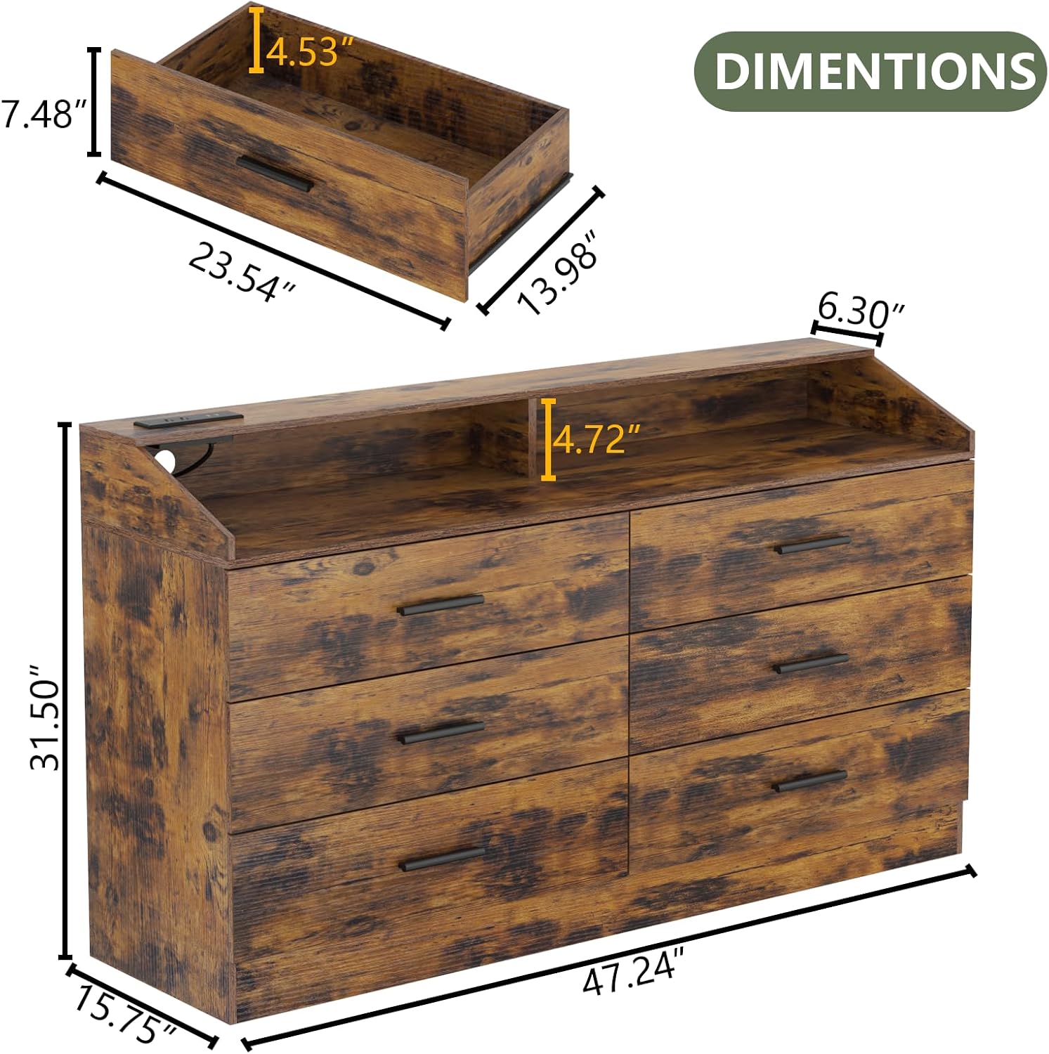 Gyfimoie 6 Drawer Dresser with Power Outlet, Chest of Drawers with LED Light, Modern Dresser with Open Storage Cubby, Double Wide Dressers Organizer for Bedroom, Living Room, Entryway, Hallway