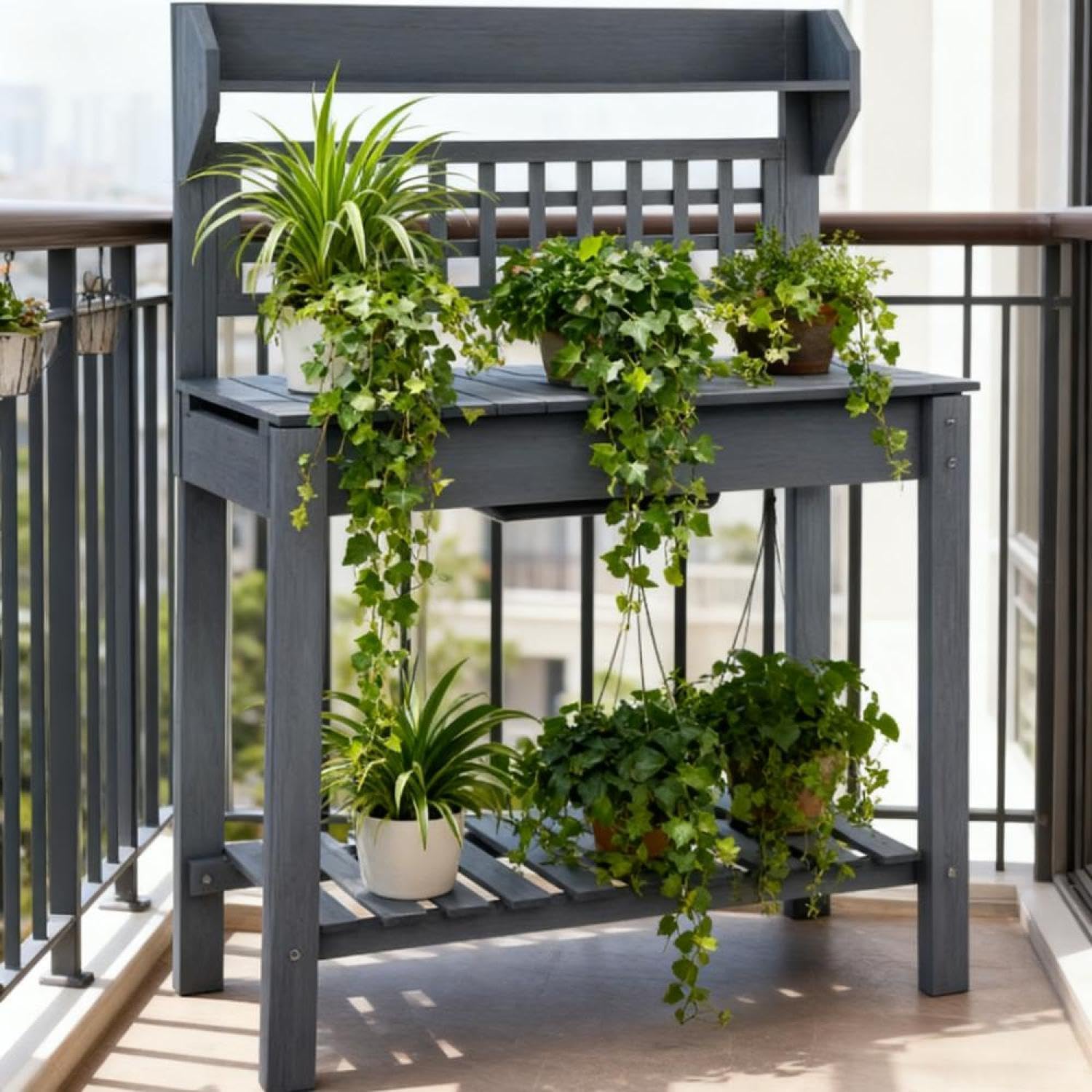 Wooden Workstation, Outdoor Potting Bench Table, with Sliding Tabletop, Storage Shelf and Dry Sink, for Greenhouse, Garden, Patio - Wood Grey