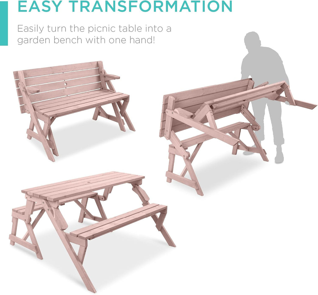Best Choice Products 2-in-1 Transforming Interchangeable Outdoor Wooden Picnic Table Garden Bench for Backyard, Porch, Patio, Deck w/Umbrella Hole - Pink