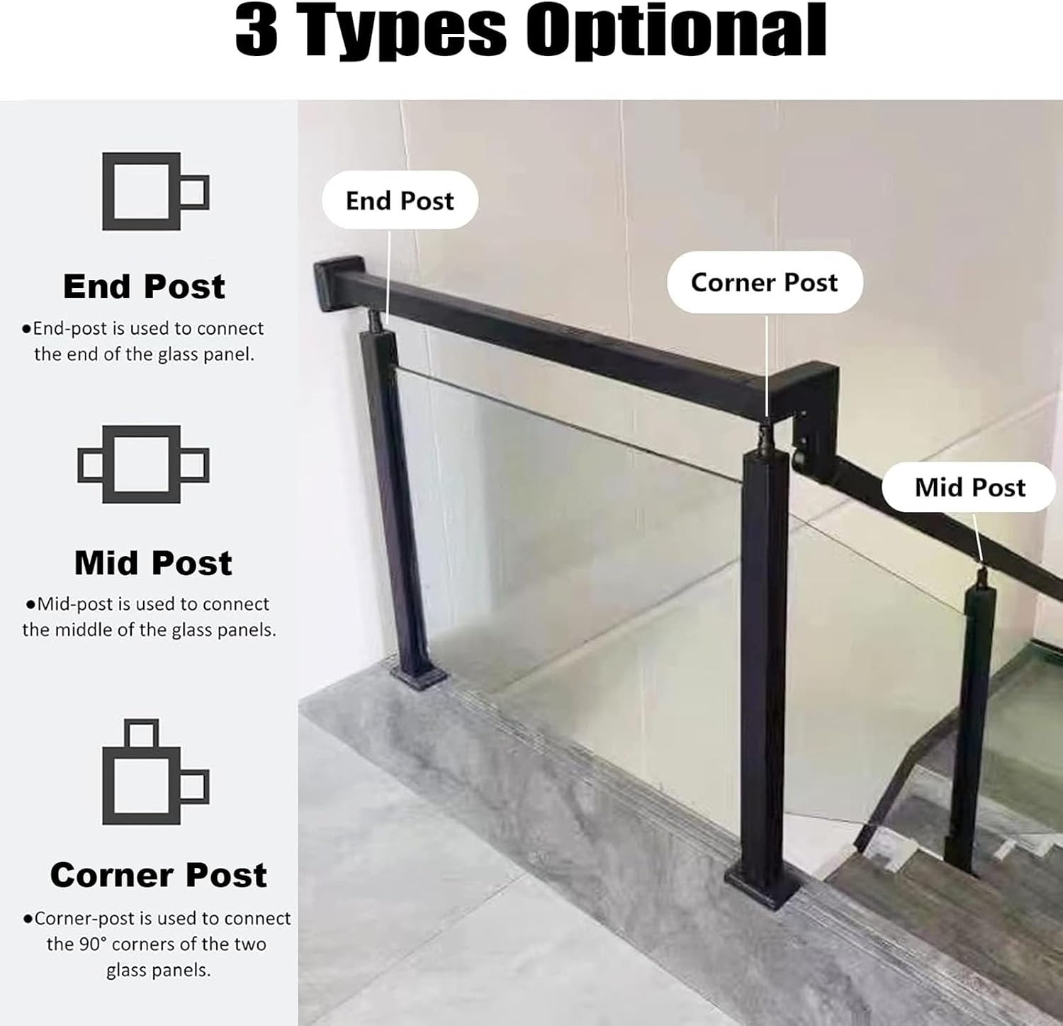 Black Glass Railing Post, End Post, Mid Post, Corner Post, 304 Stainless Steel Glass Railing Post With Socket Slot and Sturdy Base For Steps, Balconies, Staircases, Patios ( Color : Mid Post , Size :