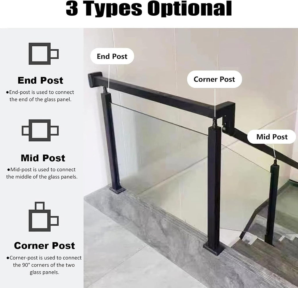 Black Glass Railing Post, End Post, Mid Post, Corner Post, 304 Stainless Steel Glass Railing Post With Socket Slot and Sturdy Base For Steps, Balconies, Staircases, Patios ( Color : Mid Post , Size :