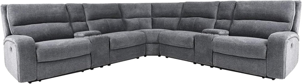Pemberly Row Bizmark Grey 7-Piece Power Reclining Sectional, Adjustable Headrests, Heavy-Duty Fabric, USB Charger Console, 130.75' W x 130.75' D x 41' H, Plush Seating for Living Room