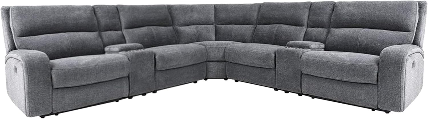 Pemberly Row Bizmark Grey 7-Piece Power Reclining Sectional, Adjustable Headrests, Heavy-Duty Fabric, USB Charger Console, 130.75' W x 130.75' D x 41' H, Plush Seating for Living Room