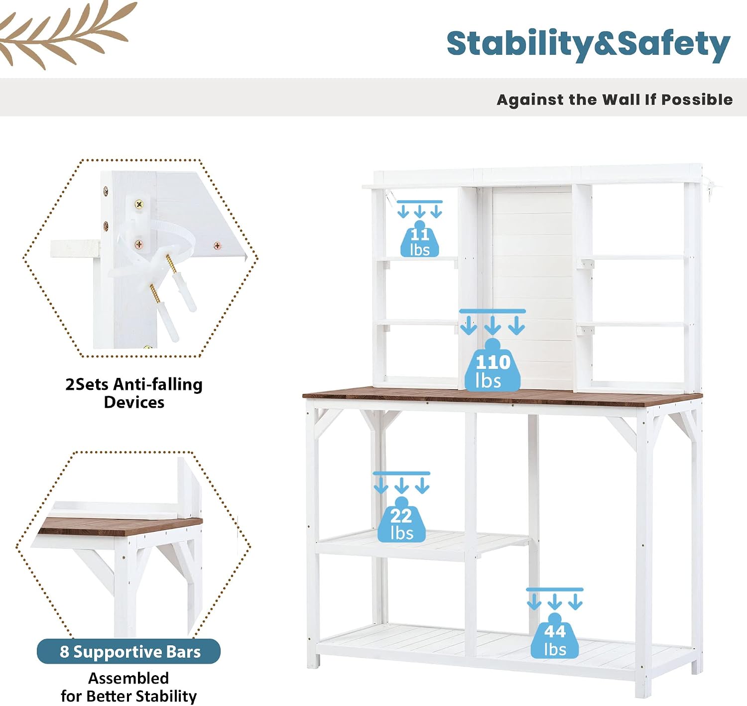 64.6' Outdoor Large Potting Bench Table,Wood Workstation with 6-Tier Shelves and Large Tabletop,Backsplash and Side Hook,for Mudroom Backyard Garden Patio (White@Shelves)