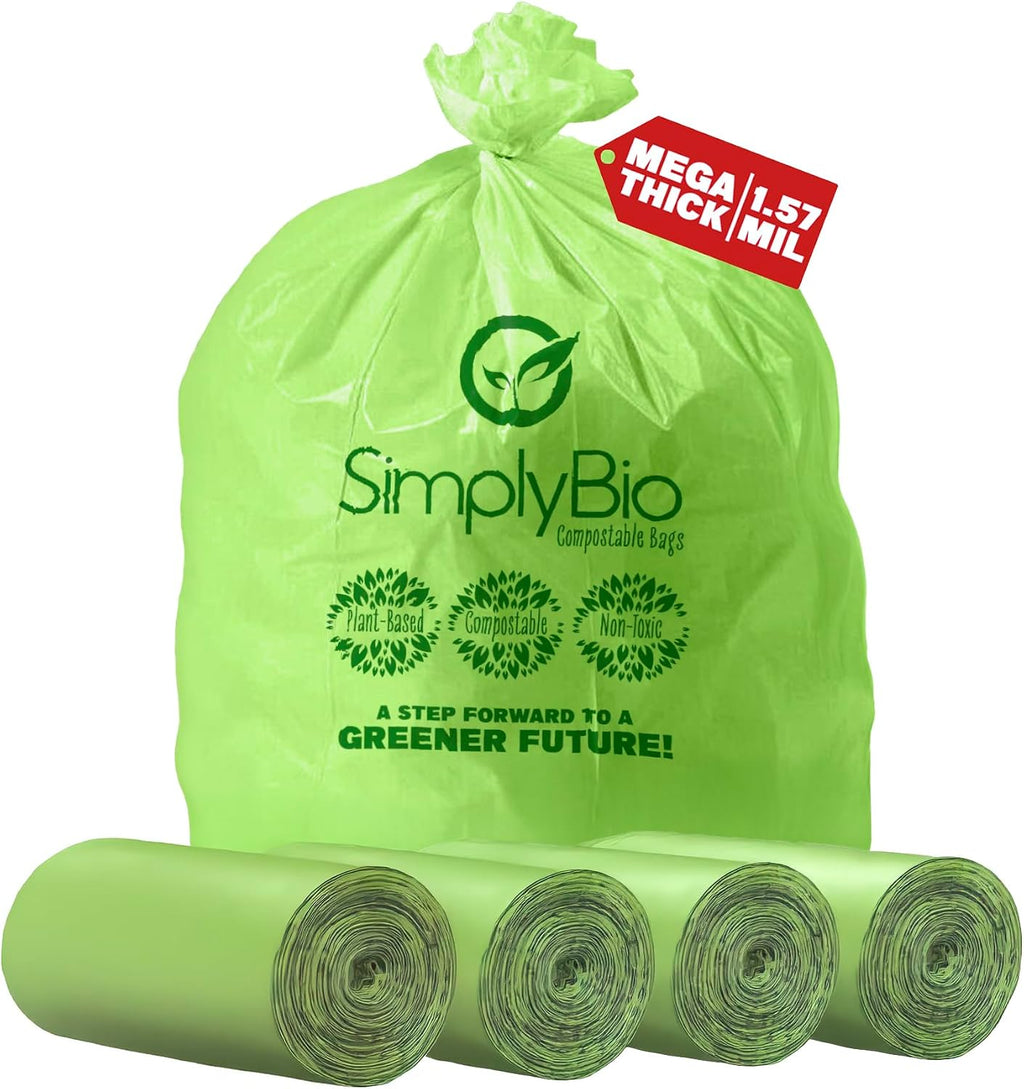 Simply Bio 50-55 Gallon Compostable Trash Bags Liners Flat-Top, Heavy Duty Extra Thick 1.57 Mil, 208.2 Liter, 100 Bags, Lawn, Yard, and Restaurant Use, ASTM D6400, US BPI, OK Compost Home Certified